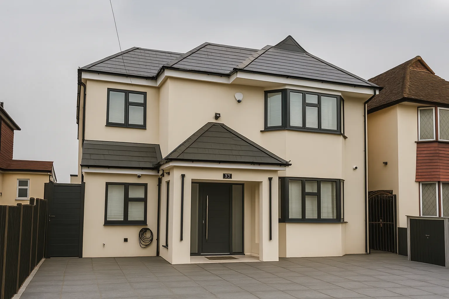 Front of the house in Motspur Park after the extension, with rendered facade and new front extension