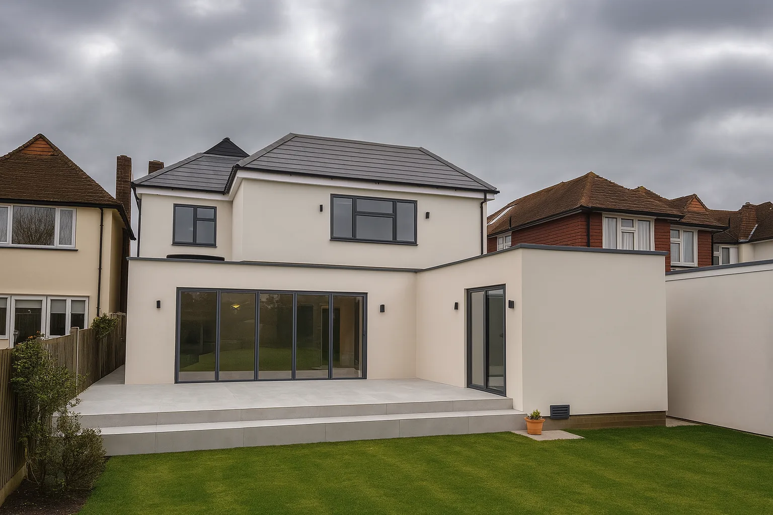 Rear of the house in Motspur Park after the double storey rear extension with bi-fold doors